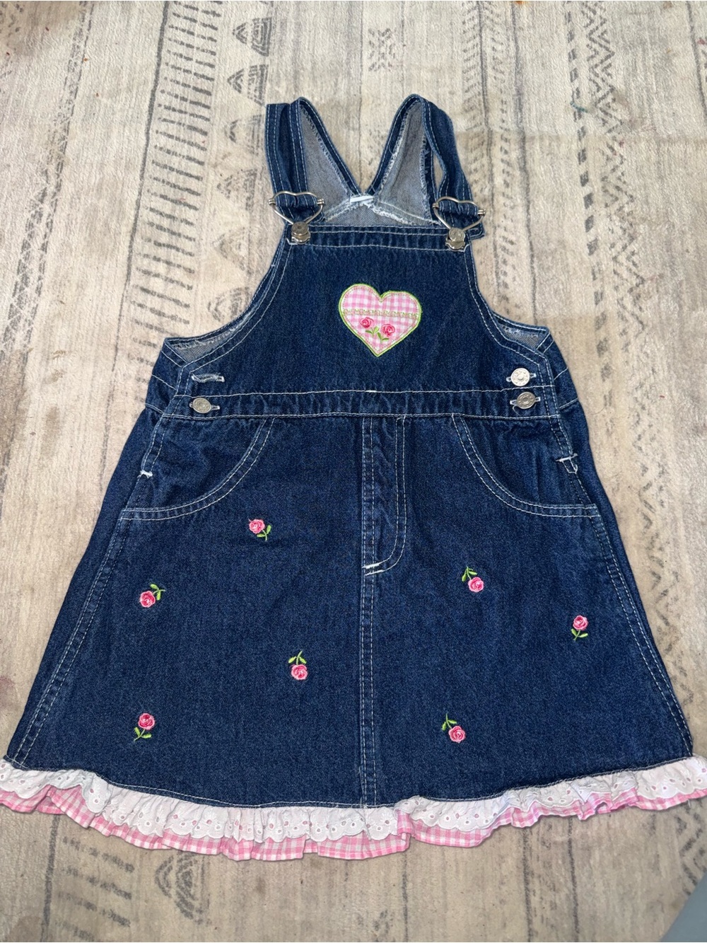 Denim Floral Heart-Embroidered Girls' Pinafore Dress - Navy